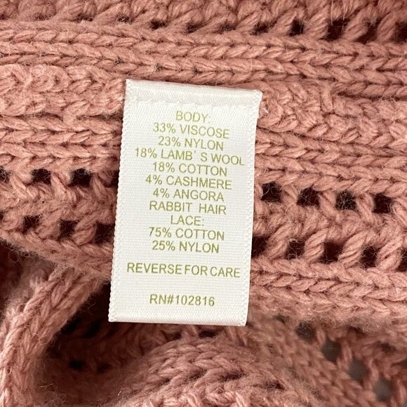 Garnet Hill Dusty Pink Knit Open Front Cardigan with Lace Panels Cashmere Blend - Picture 14 of 14